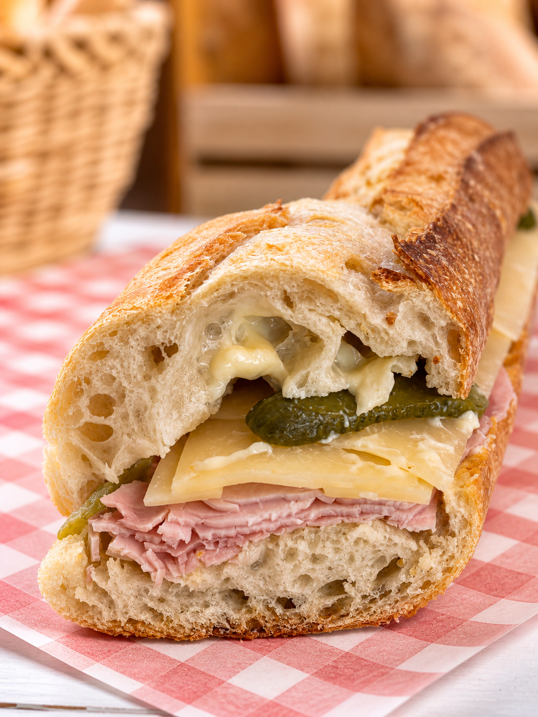 Le Parisien baguette sandwich with ham, Emmental, French butter, and cornichons